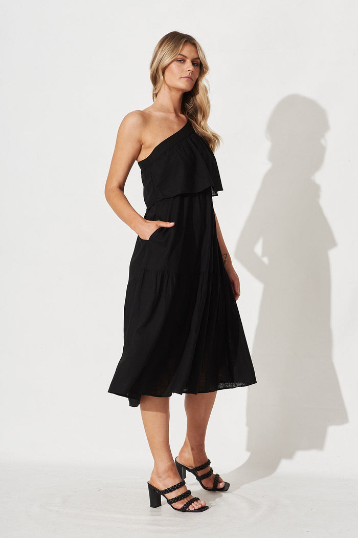Della Midi Dress In Black Linen Blend - side