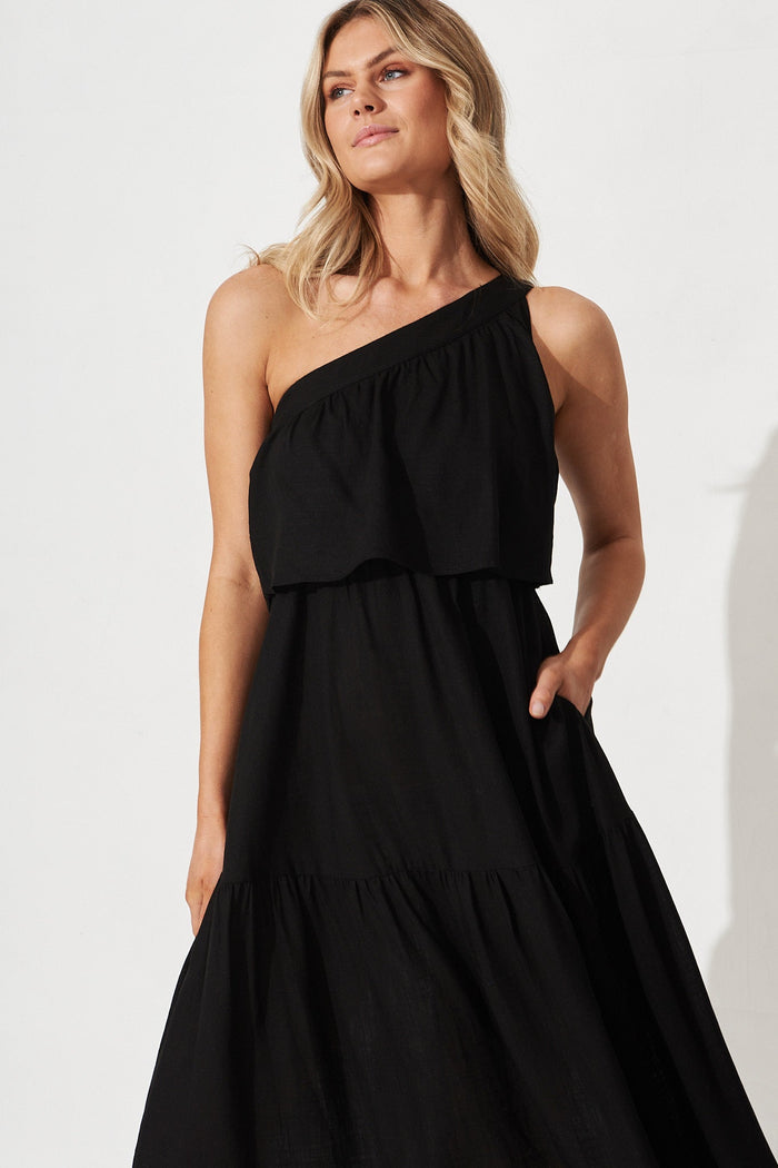 Della Midi Dress In Black Linen Blend - front