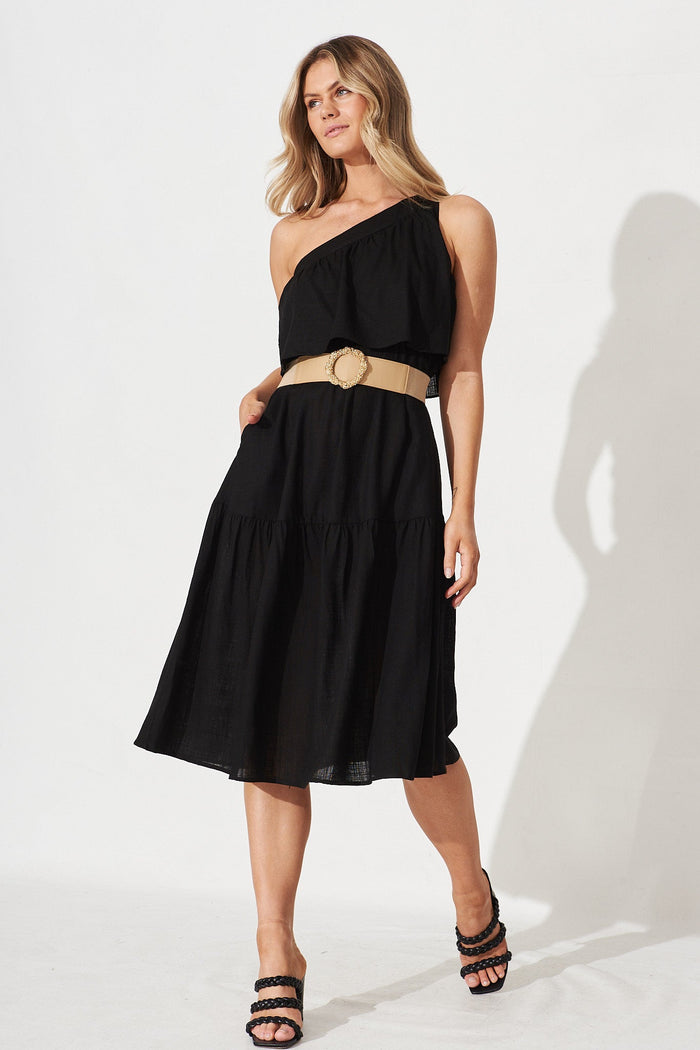 Della Midi Dress In Black Linen Blend - full length