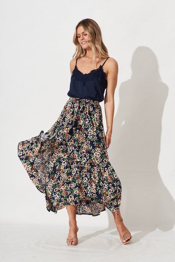 Mirya Midi Skirt In Navy With Multi Floral - full length