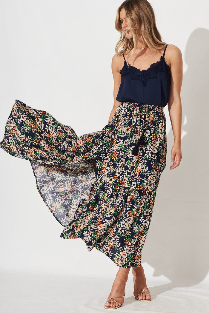 Mirya Midi Skirt In Navy With Multi Floral - full length