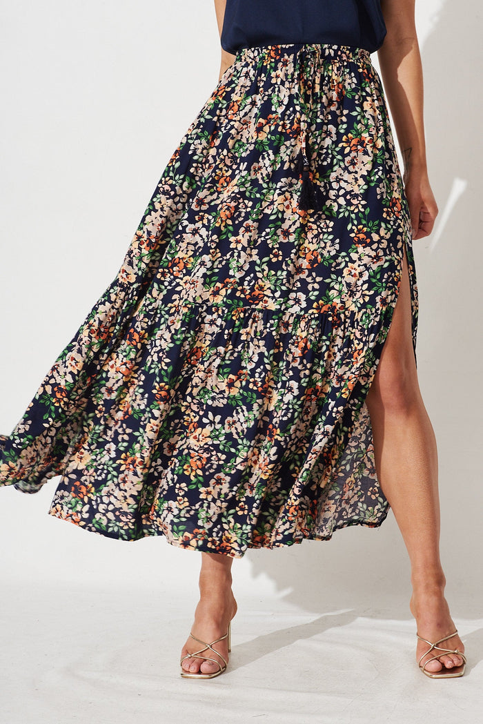 Mirya Midi Skirt In Navy With Multi Floral - front