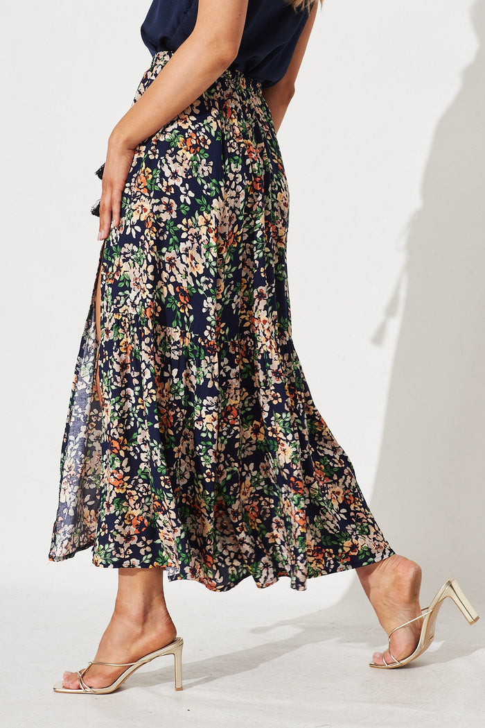 Mirya Midi Skirt In Navy With Multi Floral - side