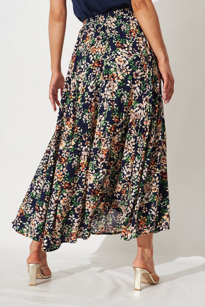 Mirya Midi Skirt In Navy With Multi Floral - back