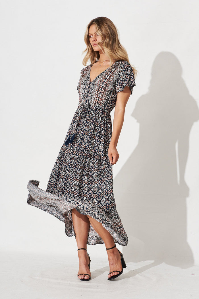 Elxi Maxi Dress In Navy With White Boho Print - full length