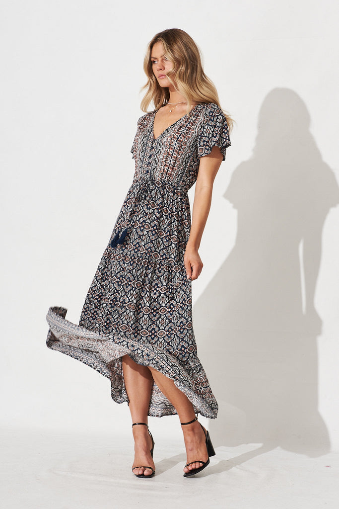 Elxi Maxi Dress In Navy With White Boho Print - full length