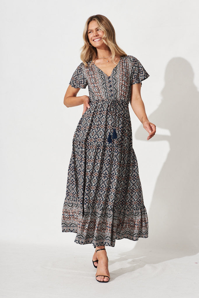 Elxi Maxi Dress In Navy With White Boho Print - full length
