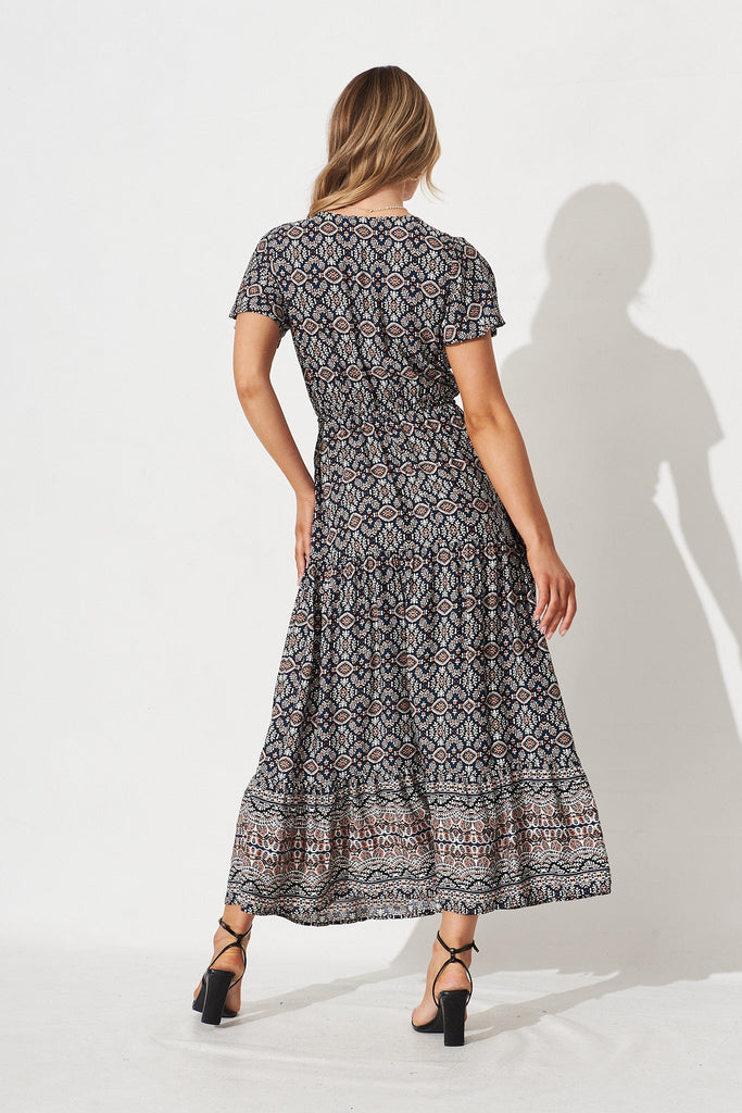 Elxi Maxi Dress In Navy With White Boho Print - back