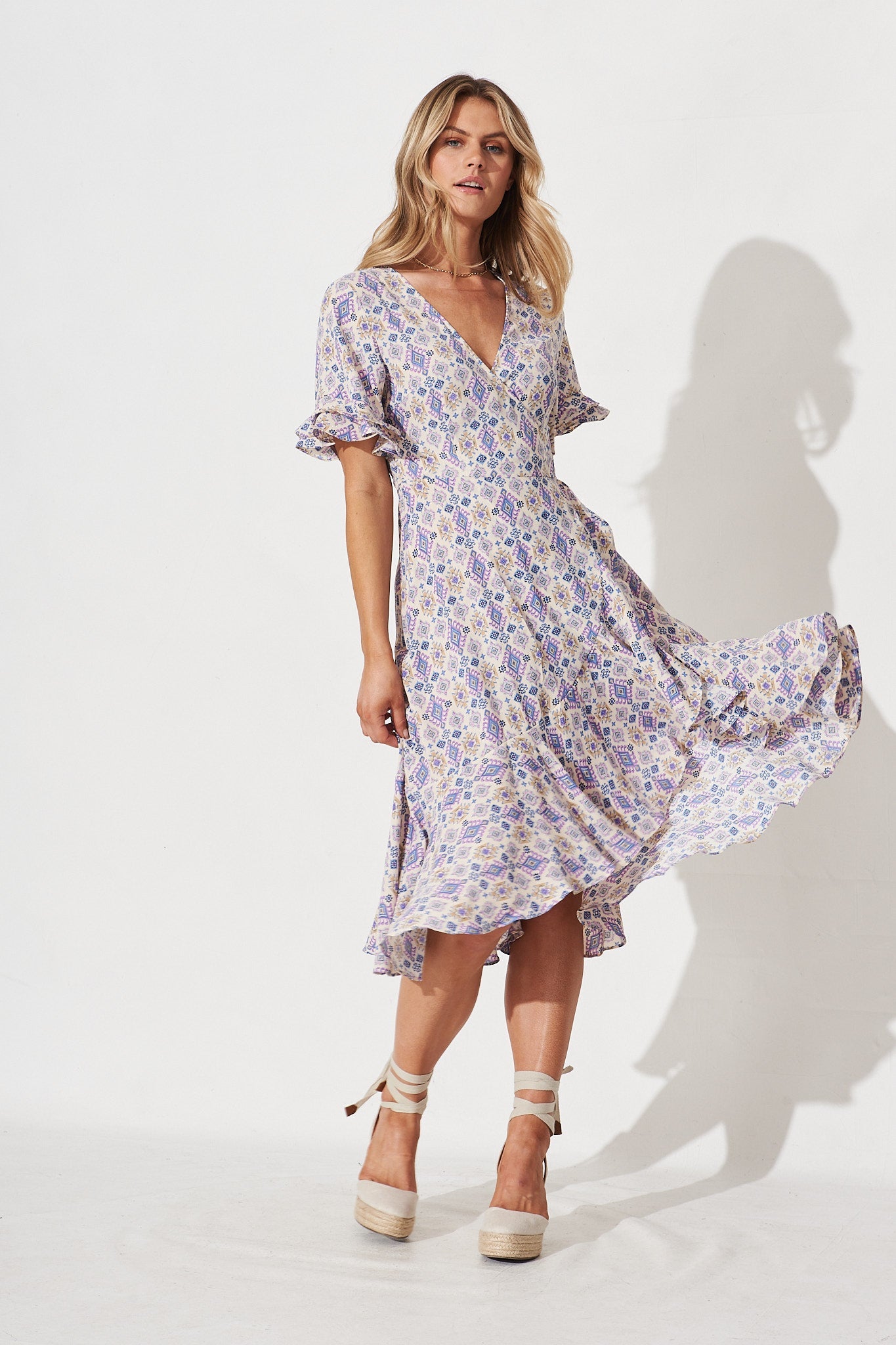 Felicidad Midi Wrap Dress In White With Multi Aztec - full length
