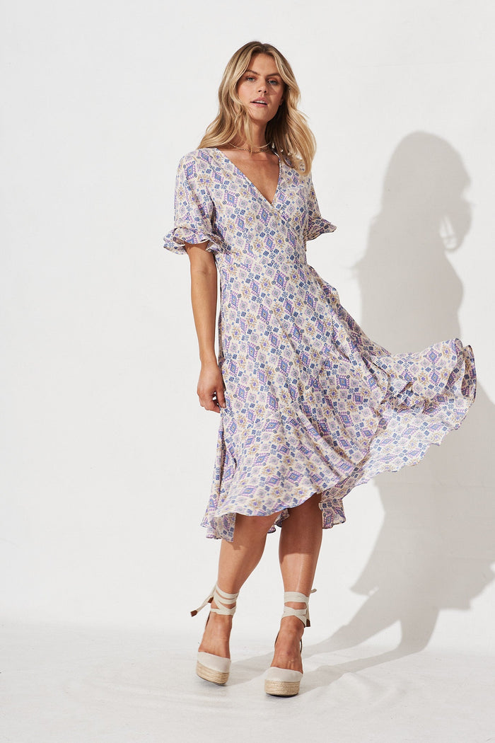 Felicidad Midi Wrap Dress In White With Multi Aztec - full length