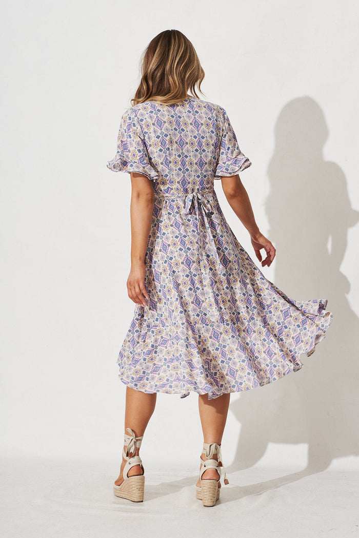 Felicidad Midi Wrap Dress In White With Multi Aztec - back