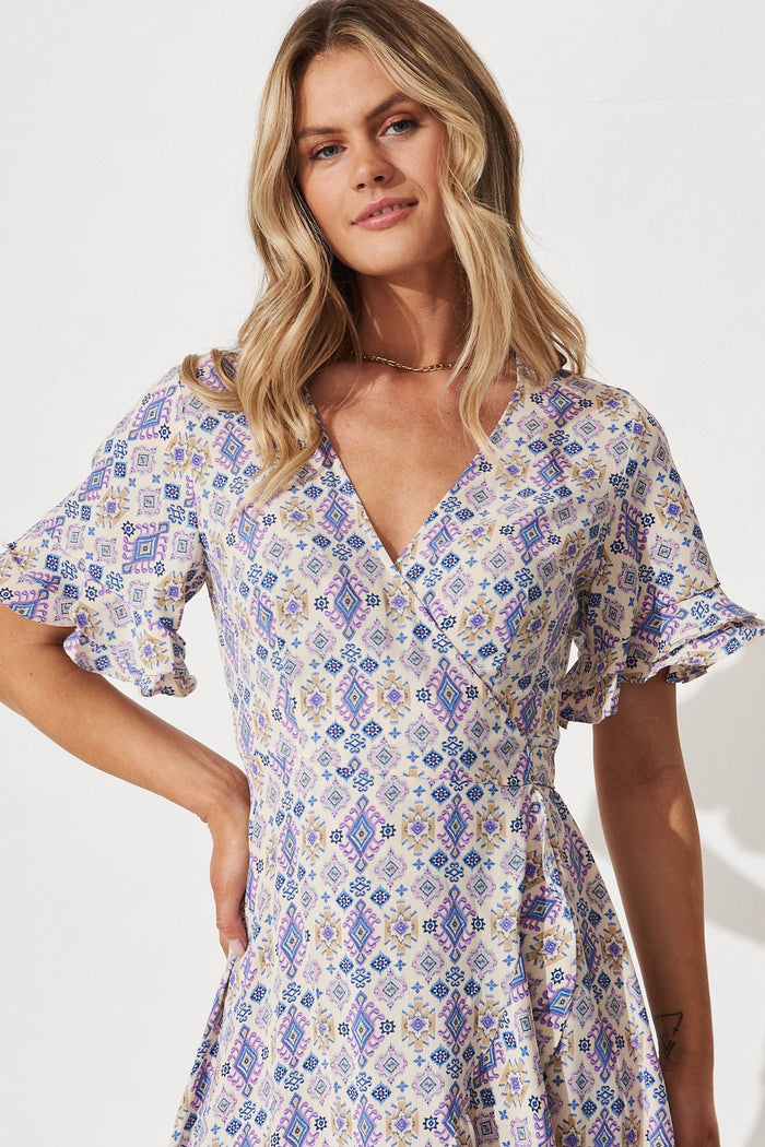 Felicidad Midi Wrap Dress In White With Multi Aztec - front
