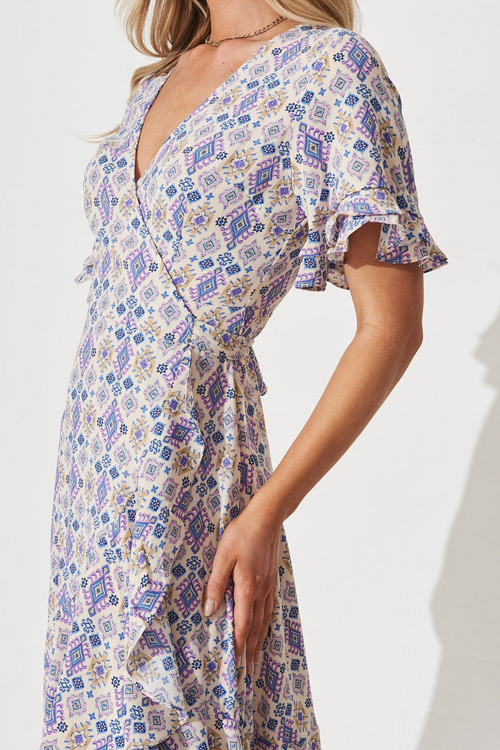 Felicidad Midi Wrap Dress In White With Multi Aztec - detail