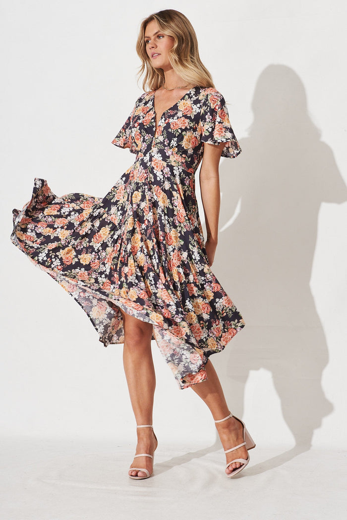 Leisha Midi Dress In Black Floral - full length