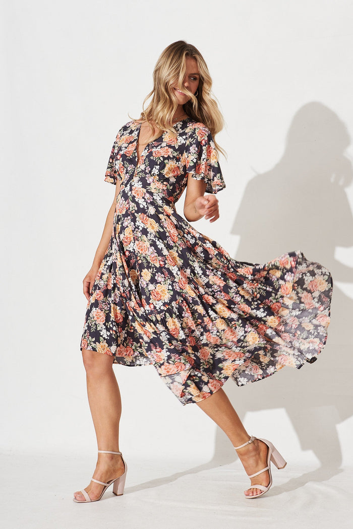 Leisha Midi Dress In Black Floral - full length