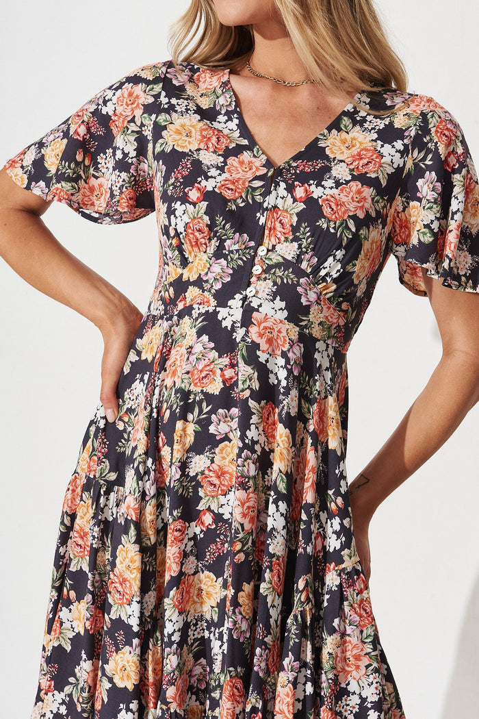 Leisha Midi Dress In Black Floral - detail