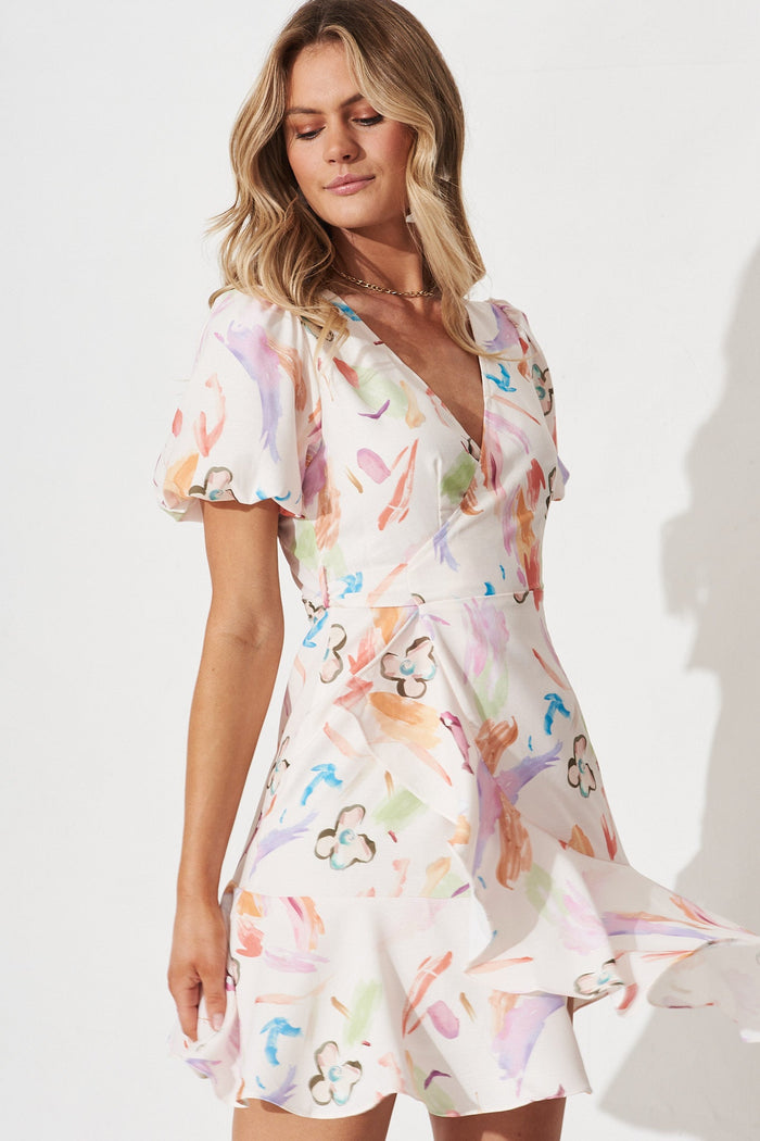 Ophelia Wrap Dress In White With Multi Artistic Print Linen Blend - front