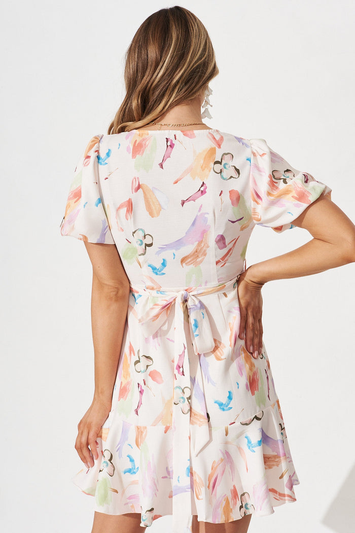Ophelia Wrap Dress In White With Multi Artistic Print Linen Blend - back