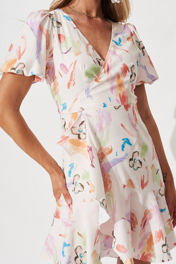 Ophelia Wrap Dress In White With Multi Artistic Print Linen Blend - detail