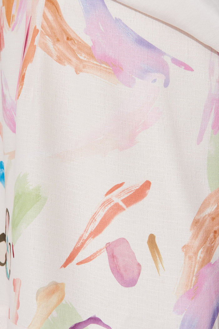 Ophelia Wrap Dress In White With Multi Artistic Print Linen Blend - fabric
