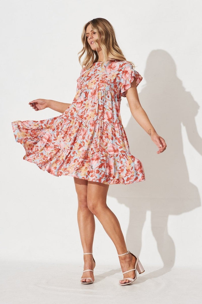 Chiswick Smock Dress In Blue With Red Floral - St Frock (Dev)