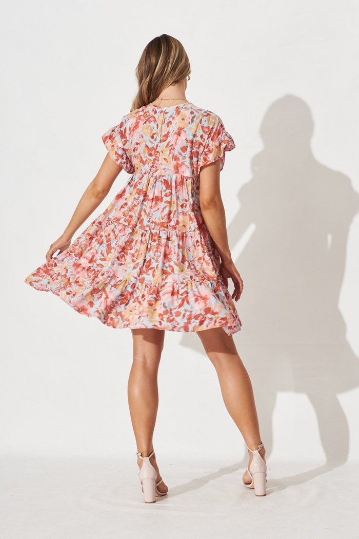 Chiswick Smock Dress In Blue With Red Floral - St Frock (Dev)