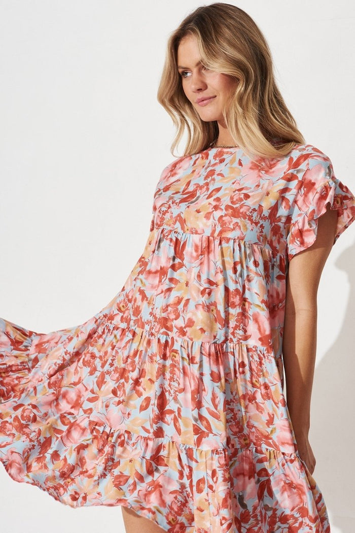 Chiswick Smock Dress In Blue With Red Floral - St Frock (Dev)