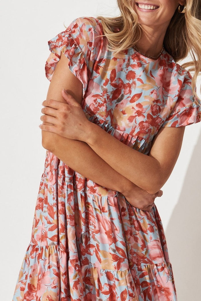 Chiswick Smock Dress In Blue With Red Floral - St Frock (Dev)