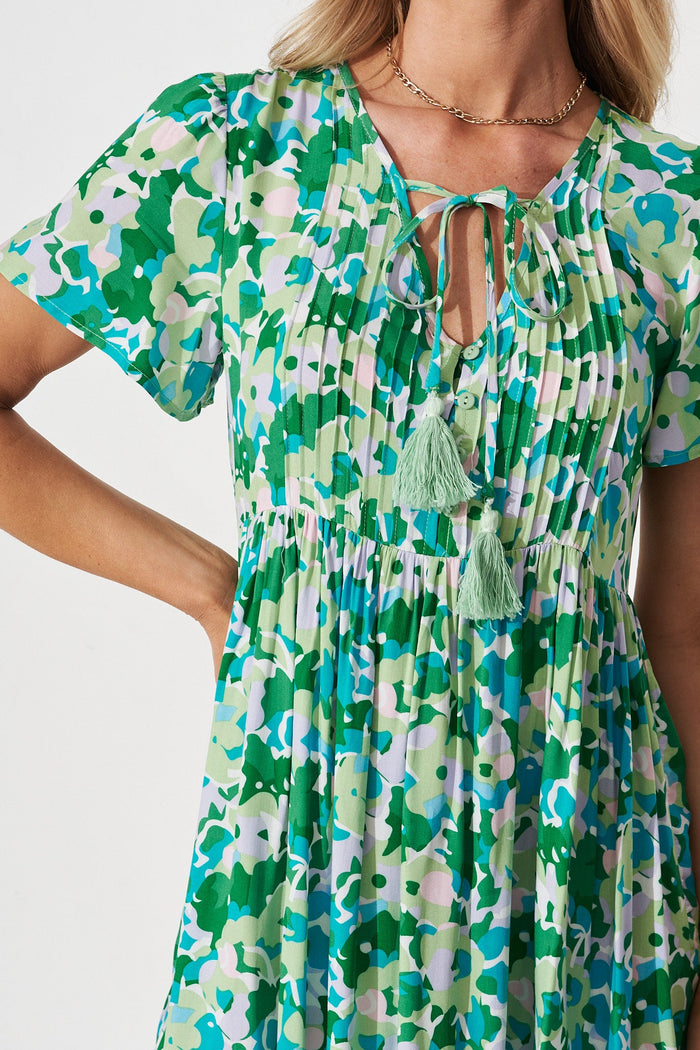 Katia Smock Dress In Green With Blue Floral - detail