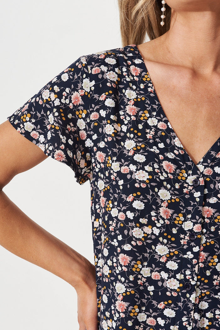 Mariachi Dress In Navy Ditsy Floral - detail