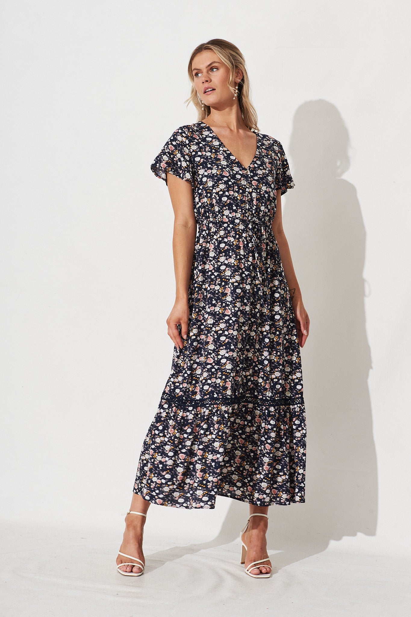Lolana Maxi Dress In Navy Ditsy Floral - full length