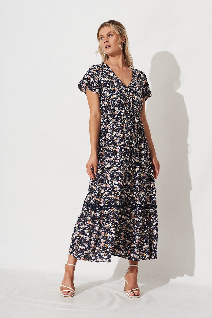 Lolana Maxi Dress In Navy Ditsy Floral - full length