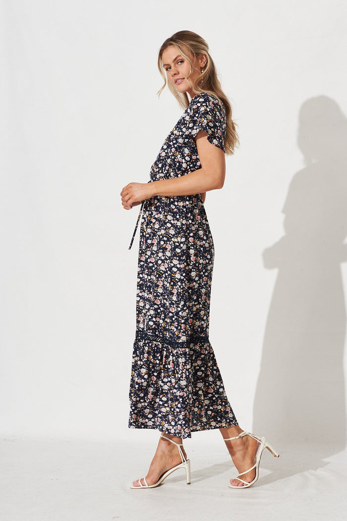 Lolana Maxi Dress In Navy Ditsy Floral - side