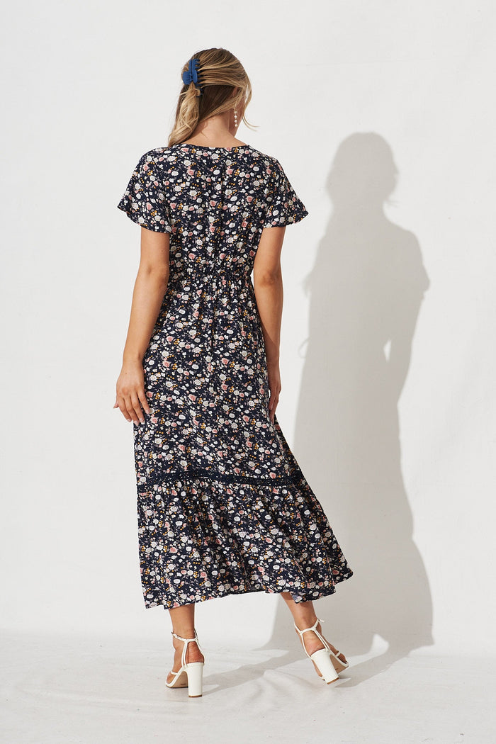 Lolana Maxi Dress In Navy Ditsy Floral - back