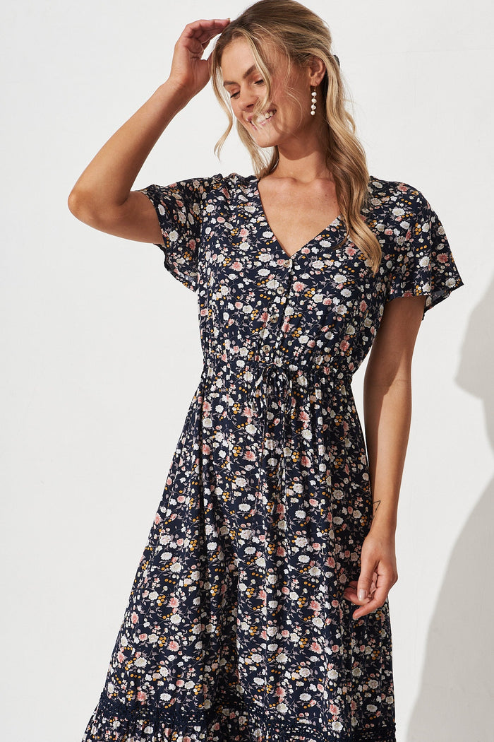 Lolana Maxi Dress In Navy Ditsy Floral - front