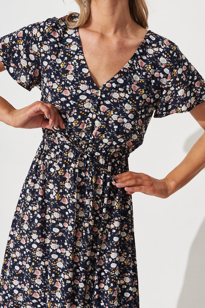 Lolana Maxi Dress In Navy Ditsy Floral - detail