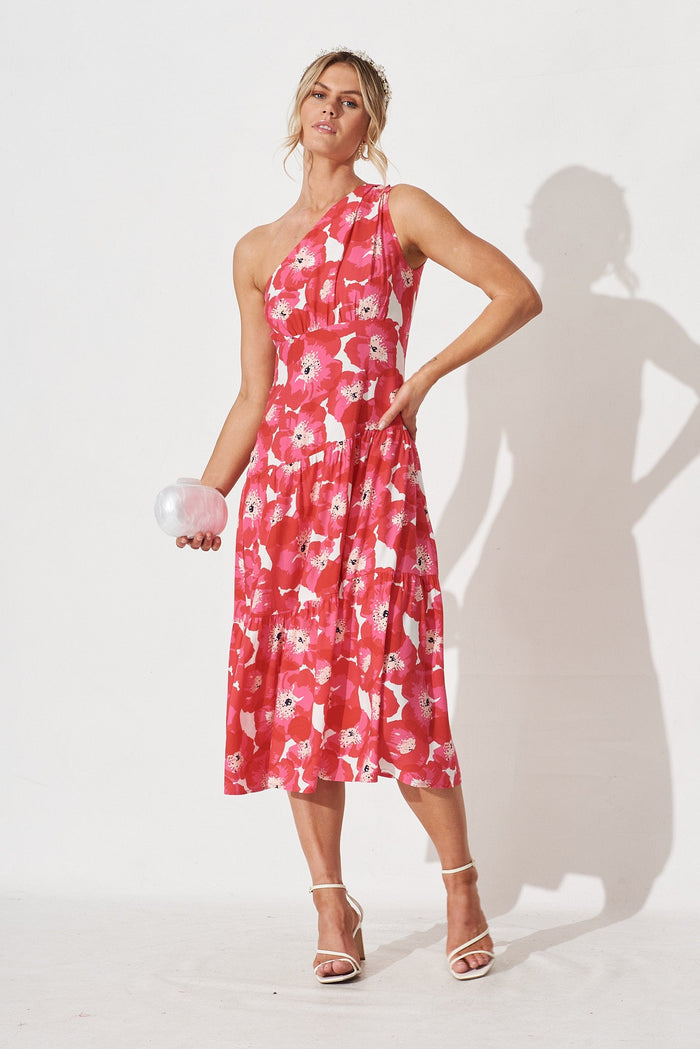 Nella Midi Dress in Pink with White Floral - full length