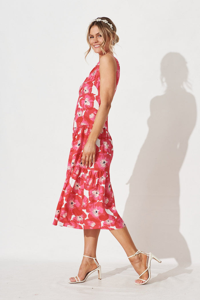 Nella Midi Dress in Pink with White Floral - side