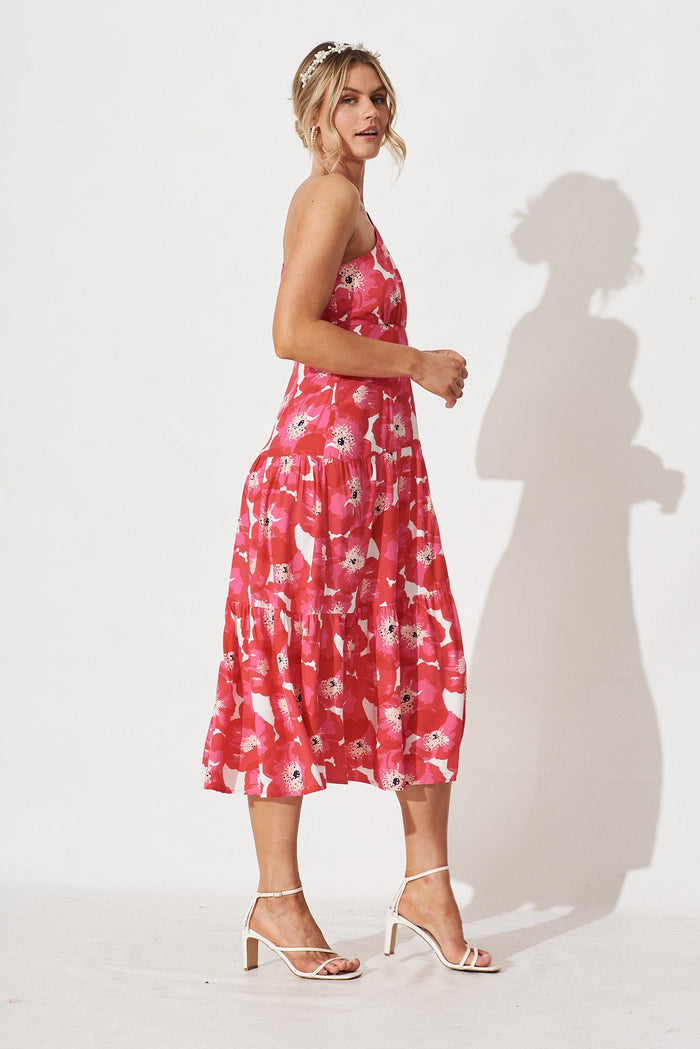 Nella Midi Dress in Pink with White Floral - side
