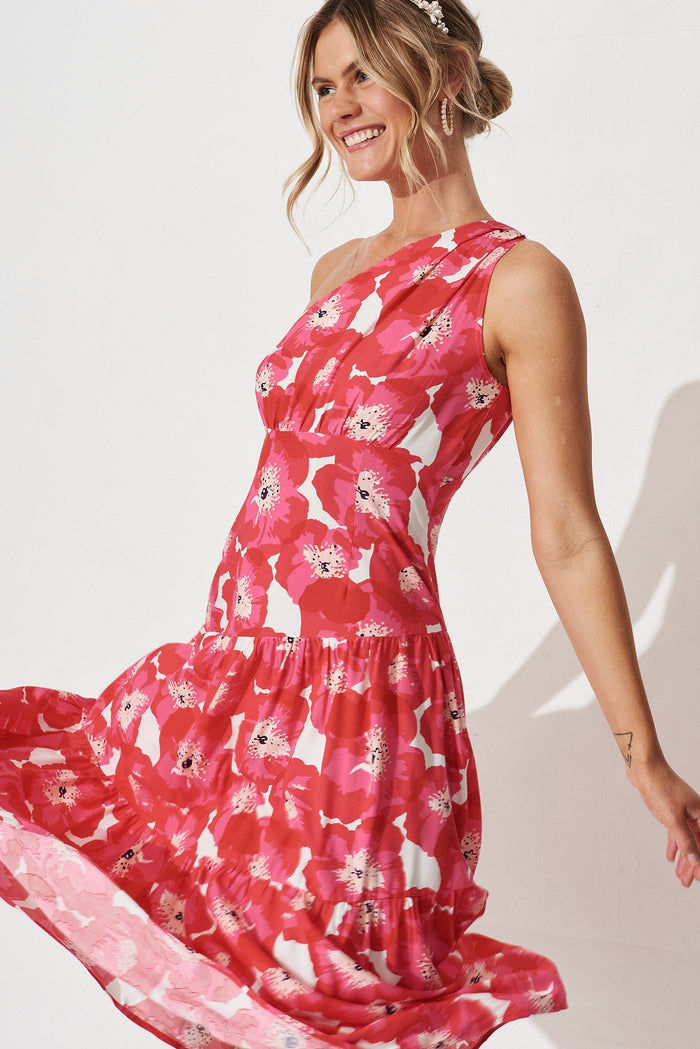 Nella Midi Dress in Pink with White Floral - front