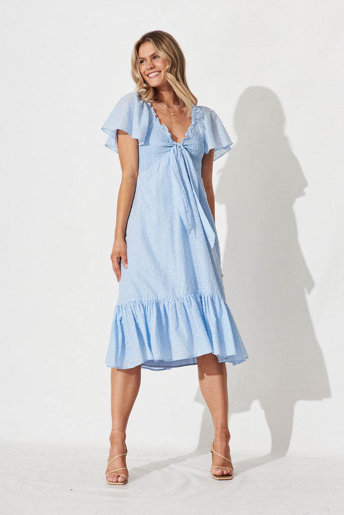 Adelyn Midi Dress In Blue Swiss Dot Cotton - Full Length