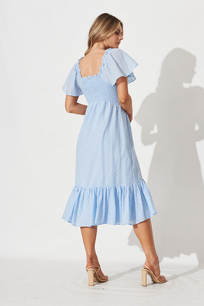 Adelyn Midi Dress In Blue Swiss Dot Cotton - back