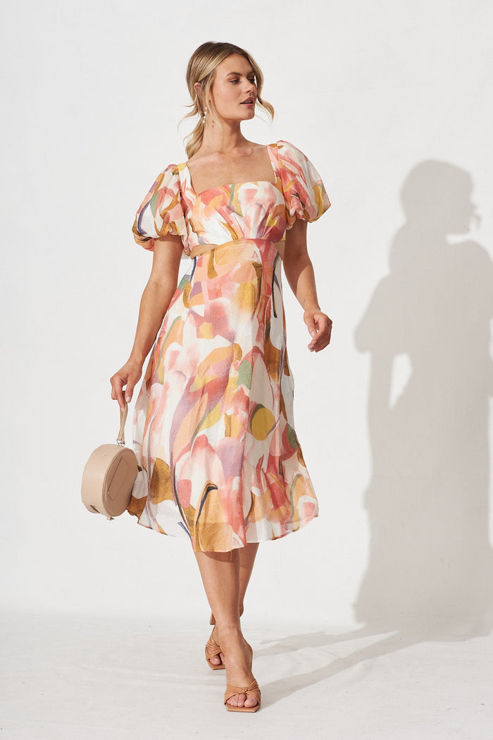 Ilana Midi Dress In White With Multi Floral - full length