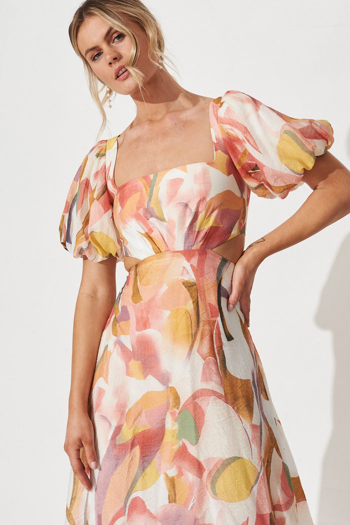 Ilana Midi Dress In White With Multi Floral - front