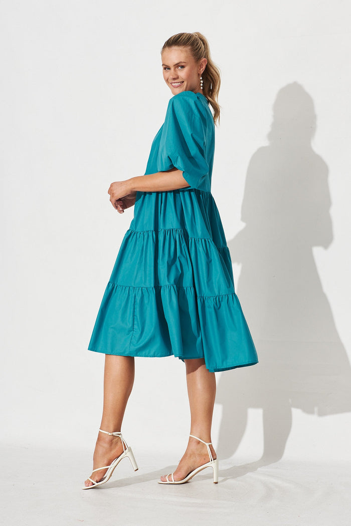 Kehlana Tiered Midi Dress In Teal Poplin - side