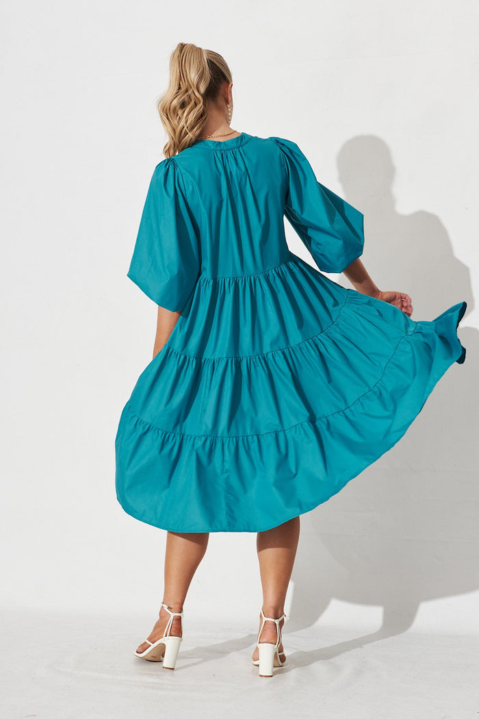 Kehlana Tiered Midi Dress In Teal Poplin - back