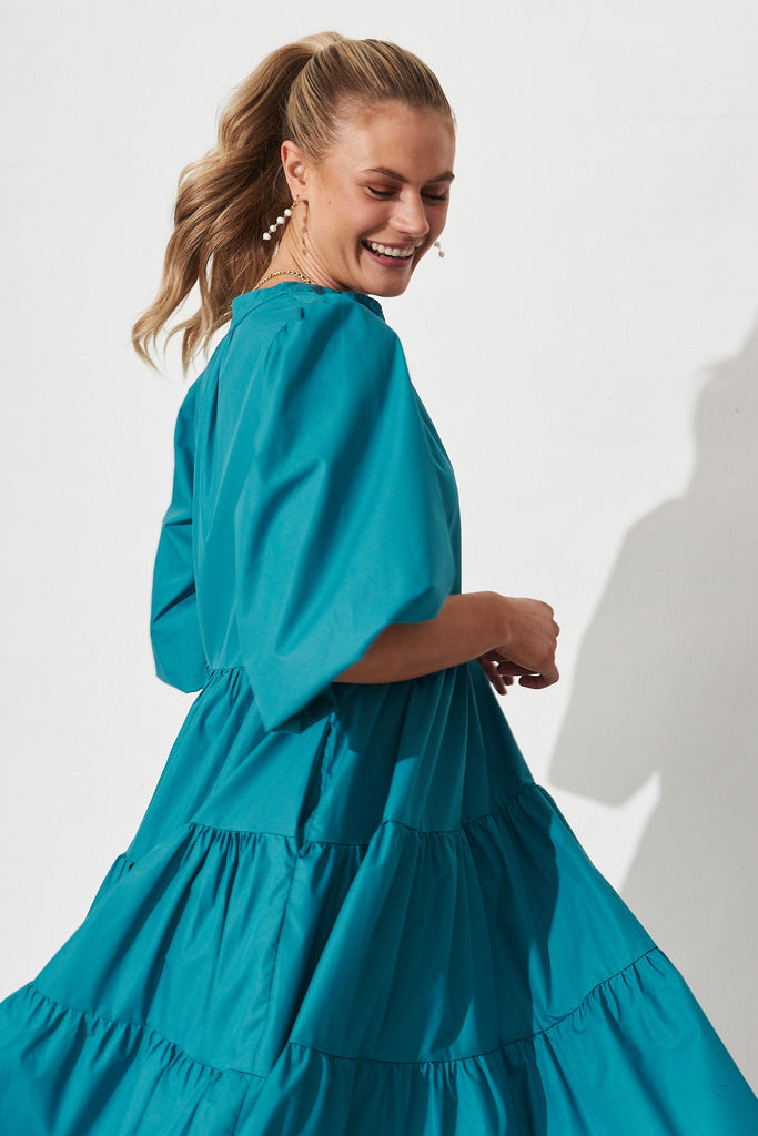 Kehlana Tiered Midi Dress In Teal Poplin - front