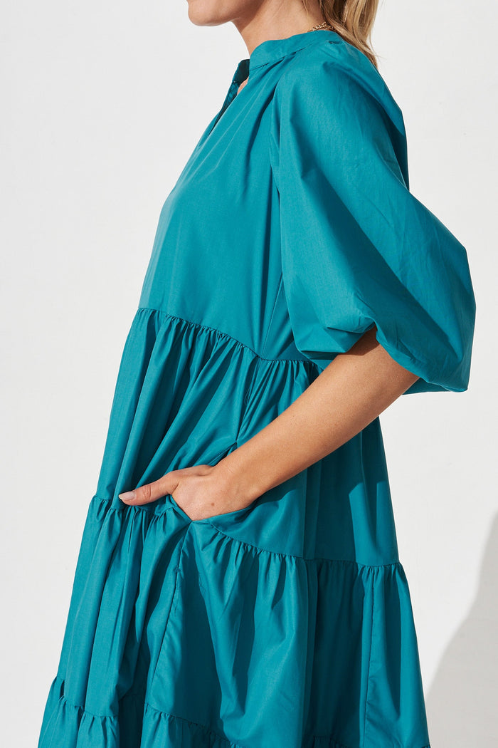 Kehlana Tiered Midi Dress In Teal Poplin - detail