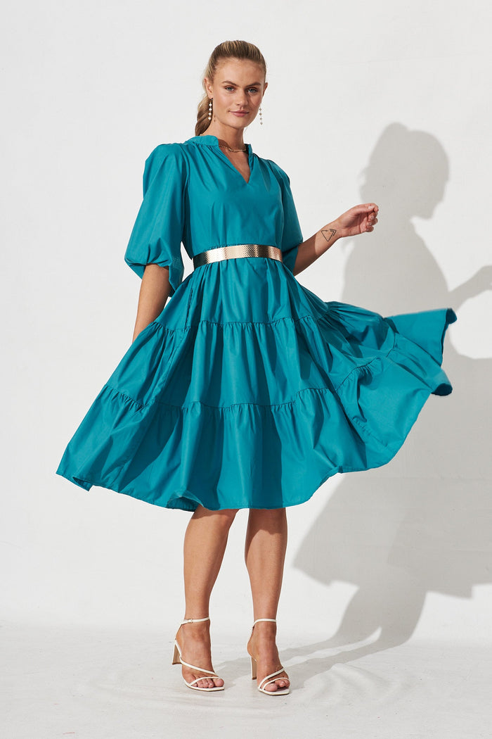 Kehlana Tiered Midi Dress In Teal Poplin - full length