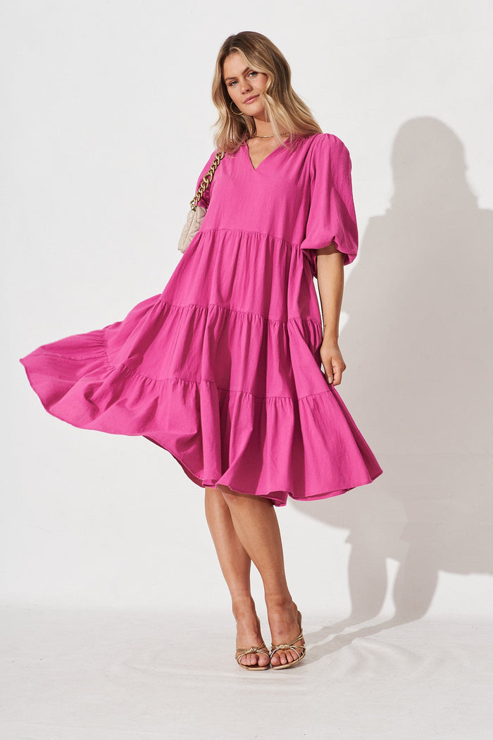 Kehlana Tiered Midi Dress In Magenta Cotton - full length